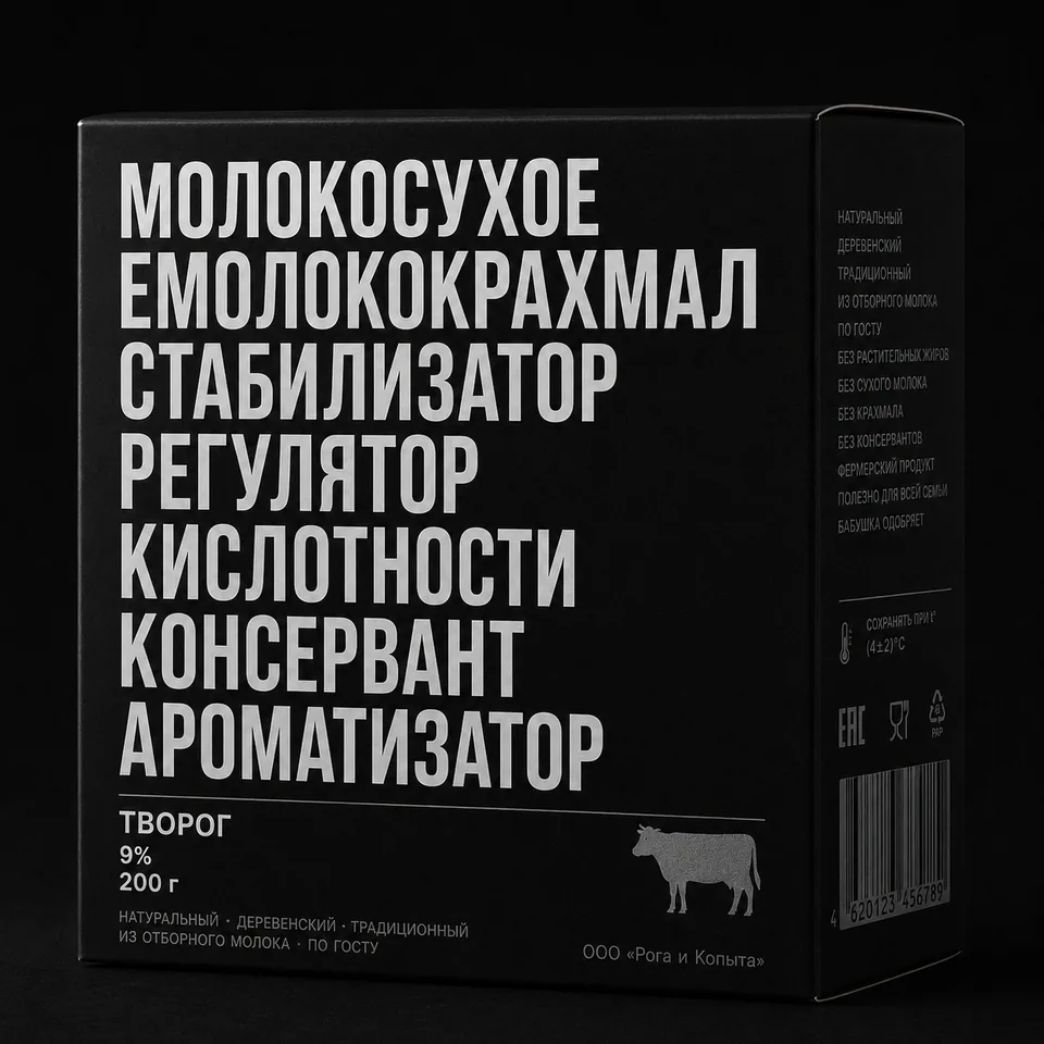 Упаковка творога, на лицевой стороне которой крупно напечатан длинный состав