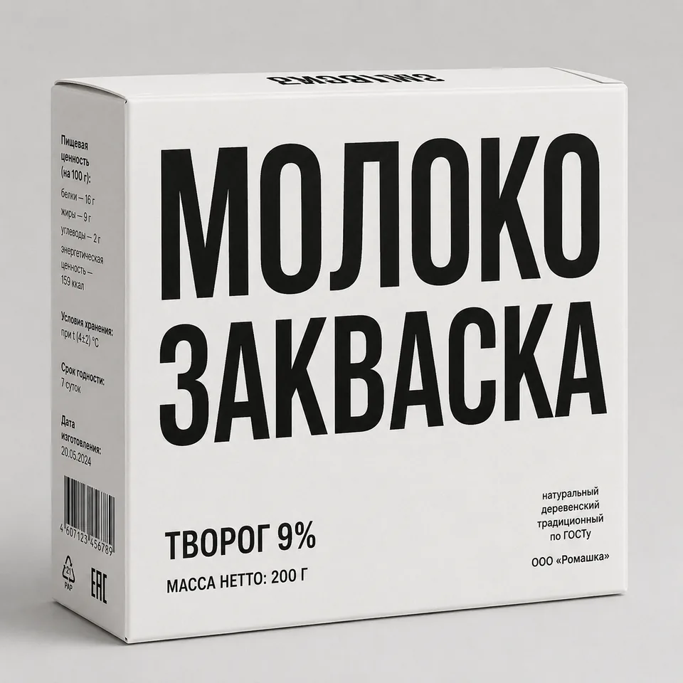 Белая упаковка творога, на которой состав «Молоко, закваска» занимает почти всю лицевую сторону